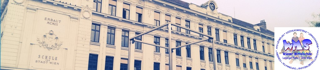 Schulposter der WMS Leipziger Platz mit historischem Schulgebäude und WMS-Logo